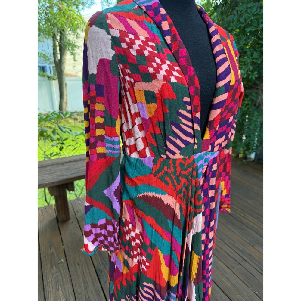 Farm Rio Mixed Abstract Print Maxi Dress V-Neck Long Sleeve Multi-Color Large - Picture 3 of 16